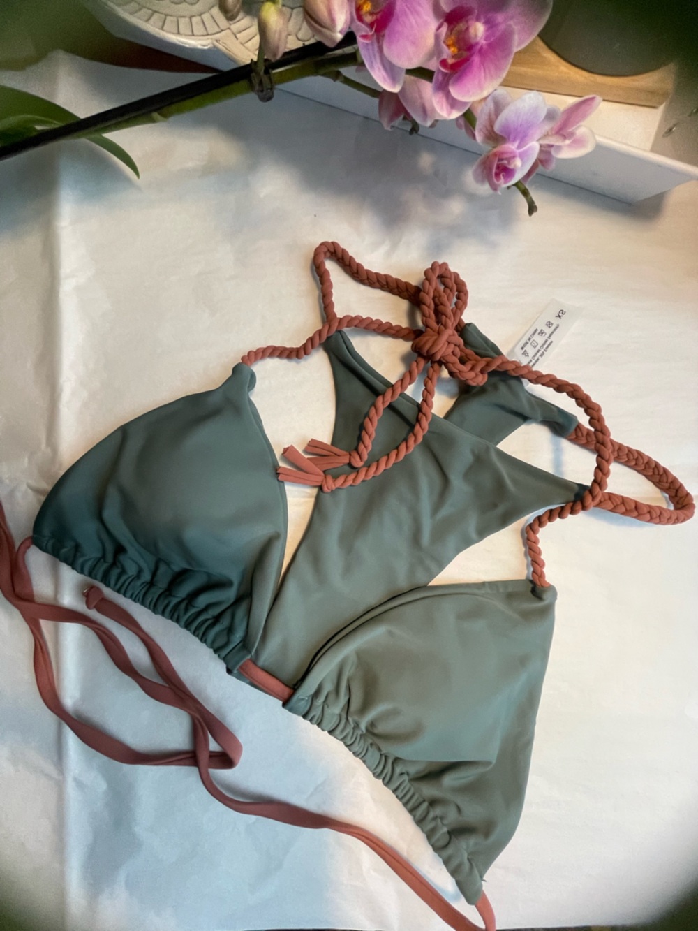Green Triangle Bikini Set with Rust Rope Ties